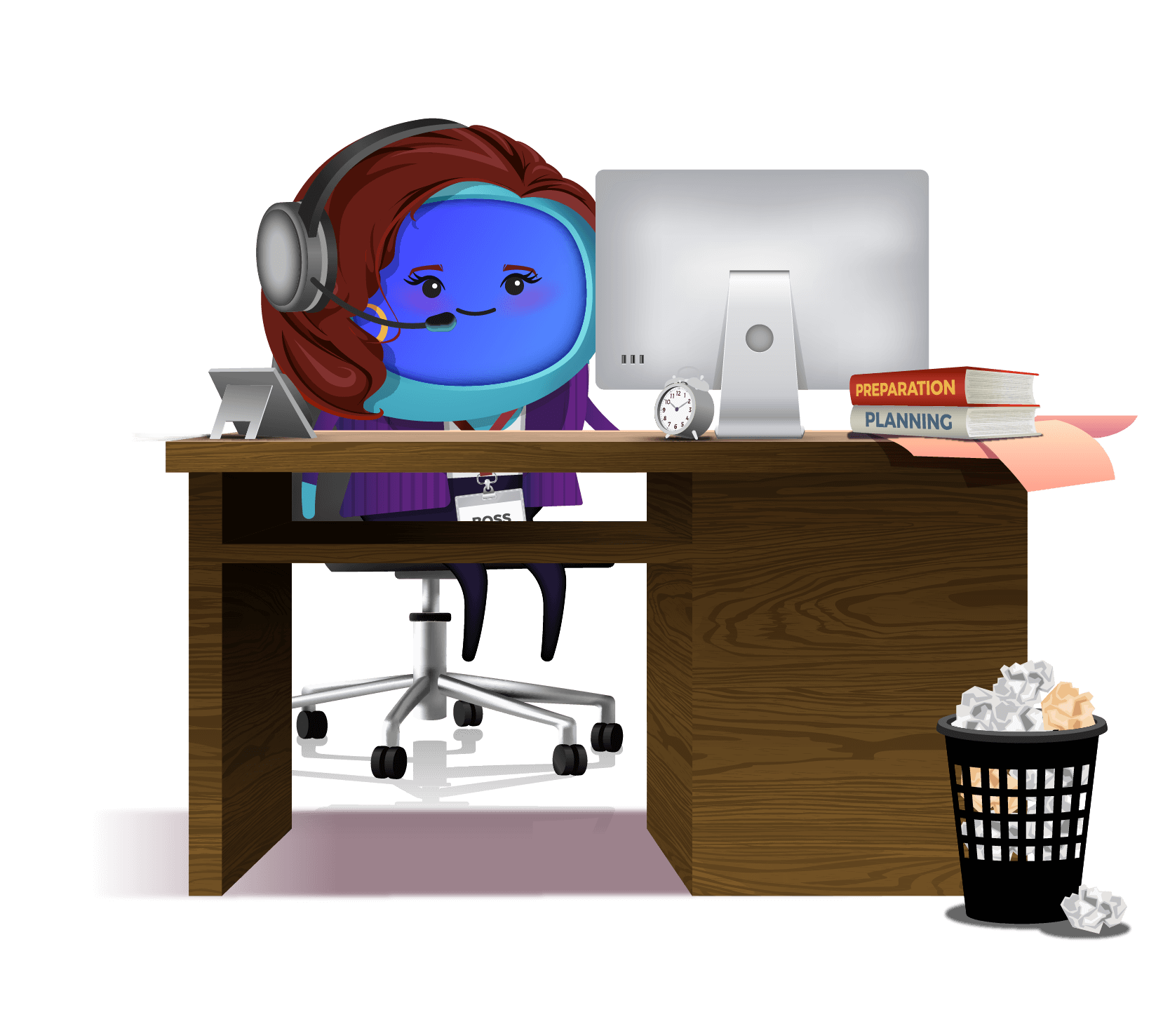 A character sitting at an office desk in front of a computer ready to answer questions