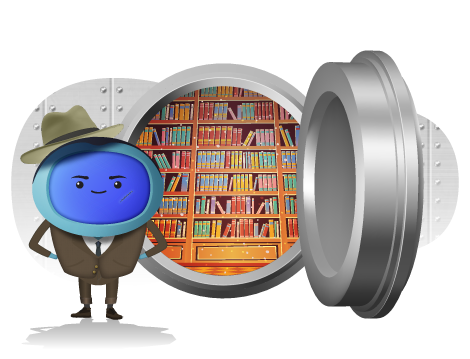 A character opening a vault to a room full of books on shelves