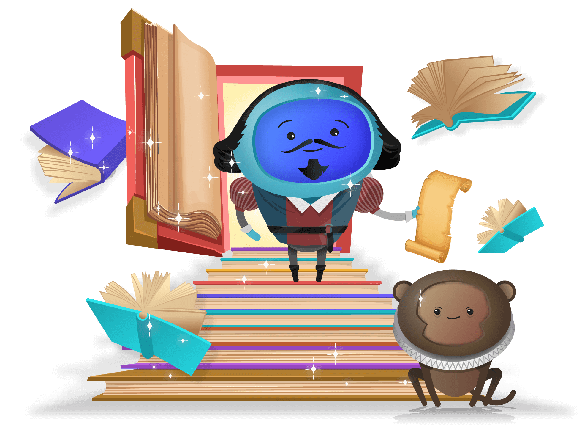 A character dressed up as Shakespeare on a staircase made out of books