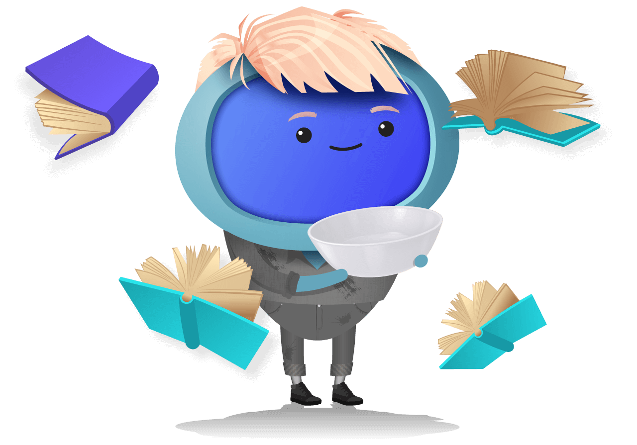 A character dressed up as Oliver Twist with books flying around