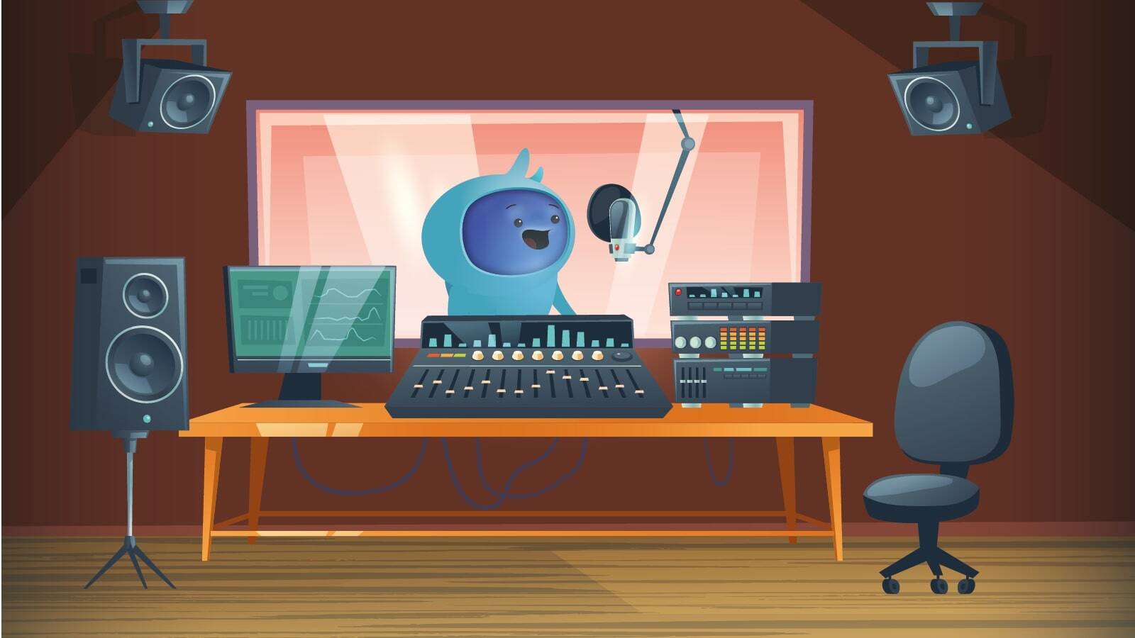 A character speaking into a microphone in a recording studio