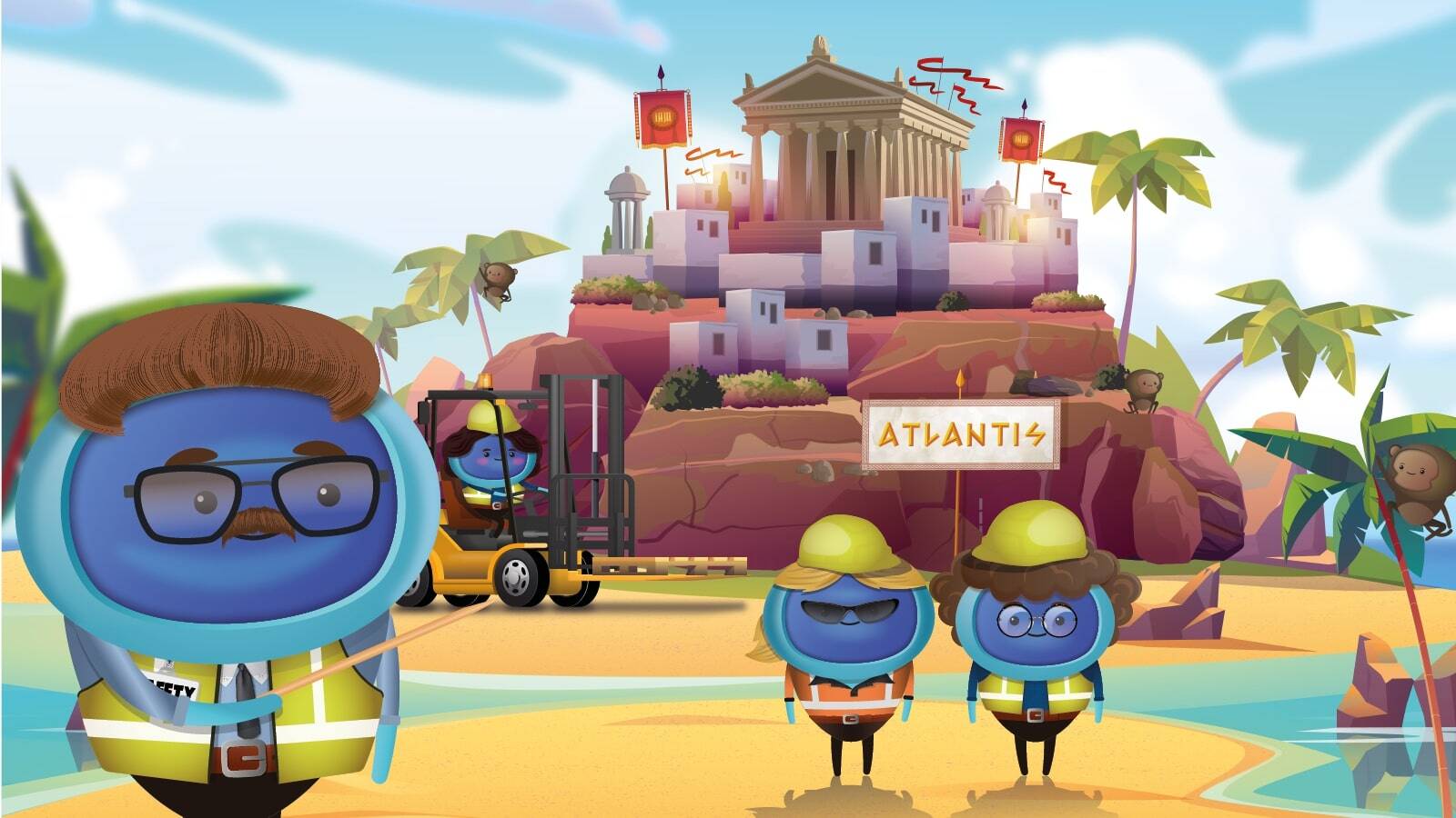 A group of characters as builders assembling a scene