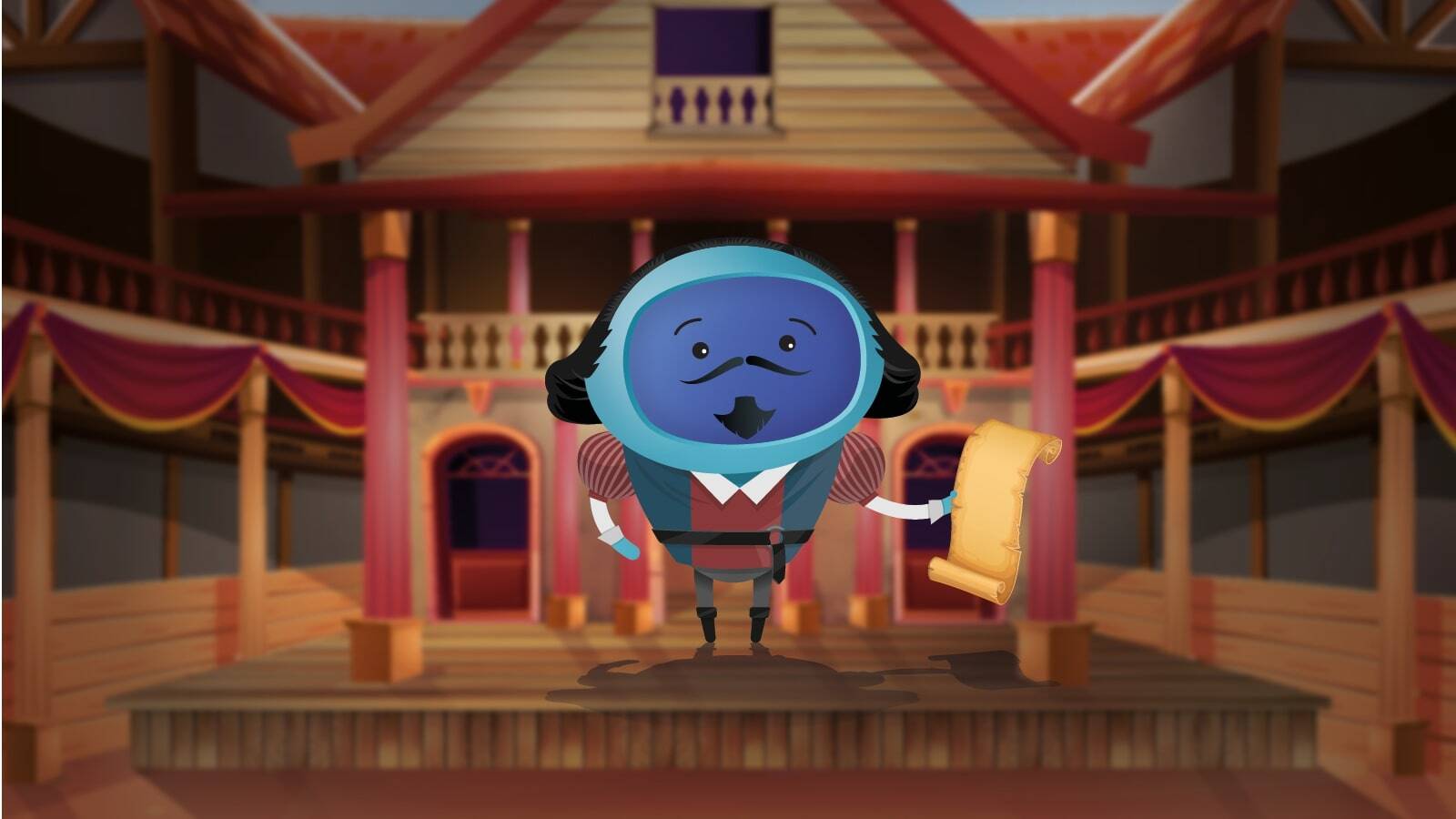 A character dressed up a Shakespeare on a stage