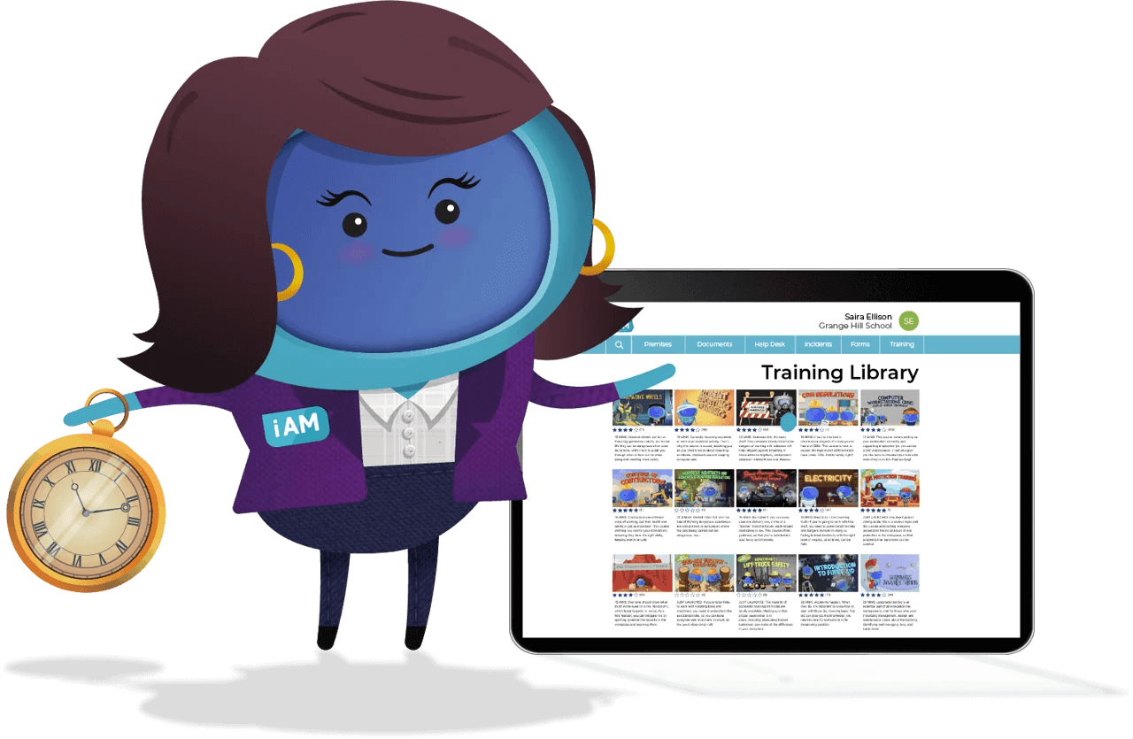 A character next to a tablet with iAM's Training Library on it