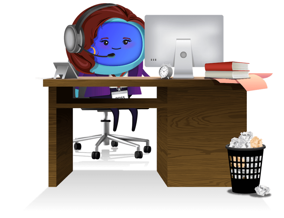 A character sitting at an office desk in front of a computer ready to answer questions