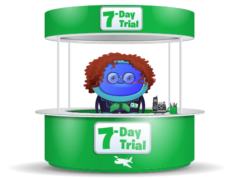 A character standing in a flight check-in desk that says 7-Day Trial
