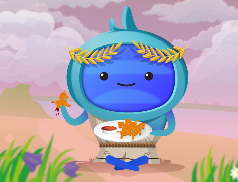 A character with a plate of snacks