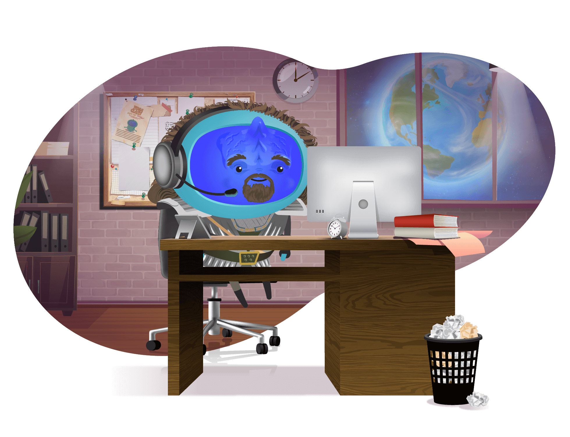 A character sitting in front of a computer on an office desk