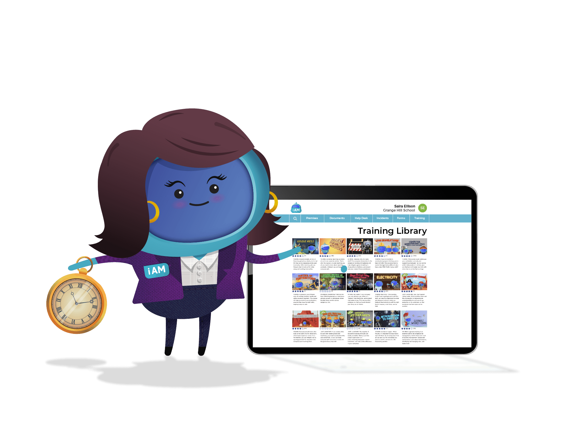 A character standing next to a large tablet with iAMs Training Library displayed