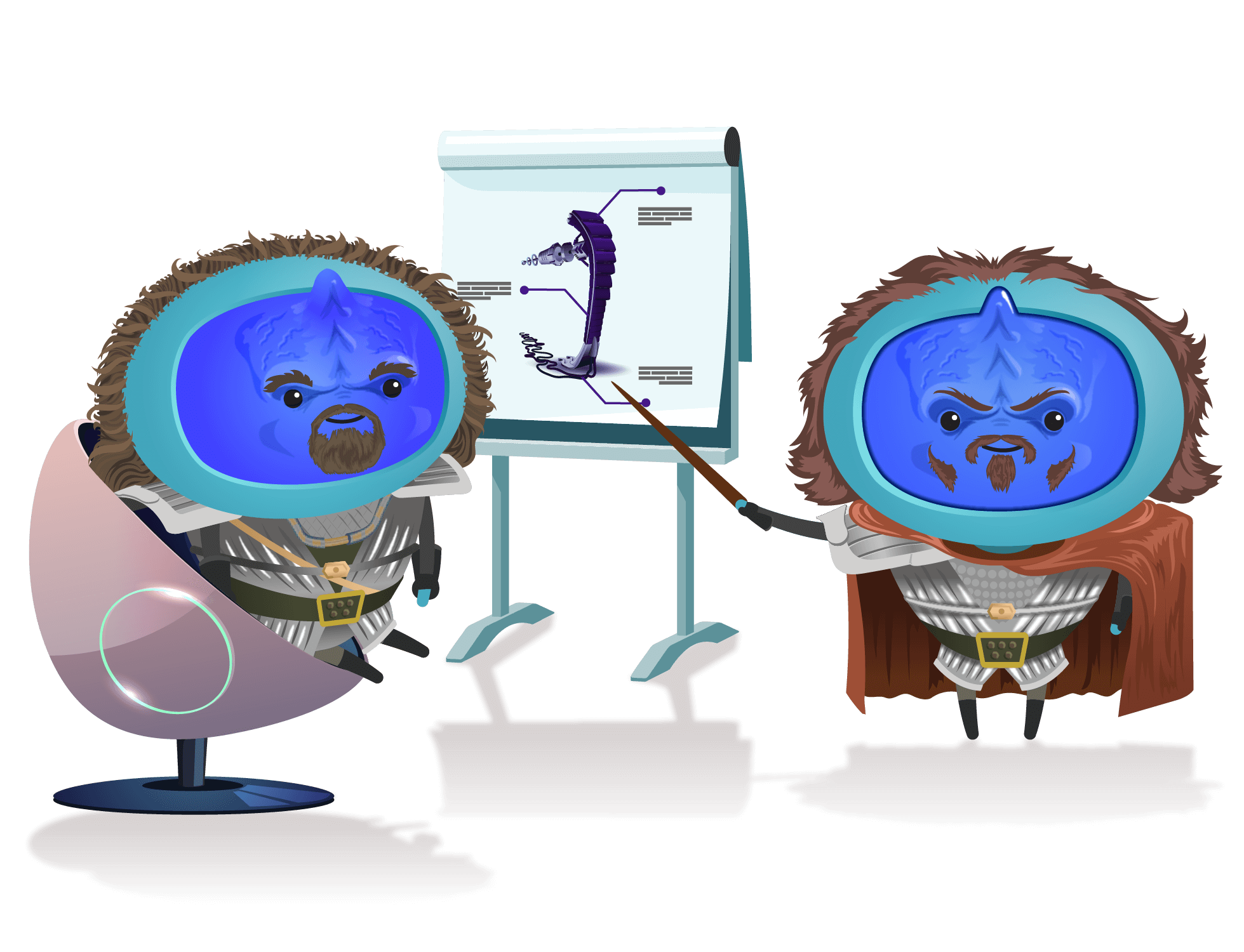 Two characters discussing what is on a flipchart