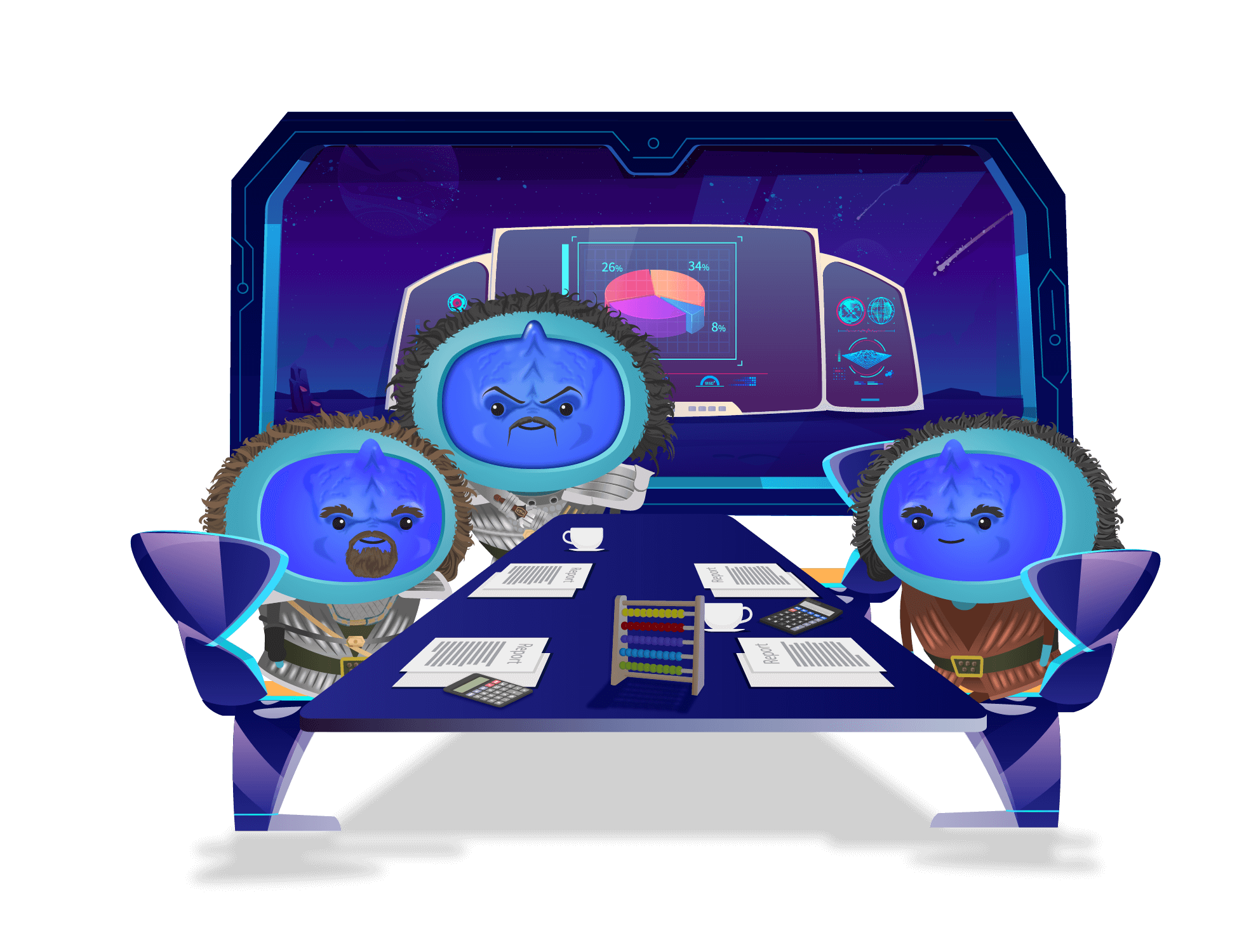 A group of characters having a meeting at a table